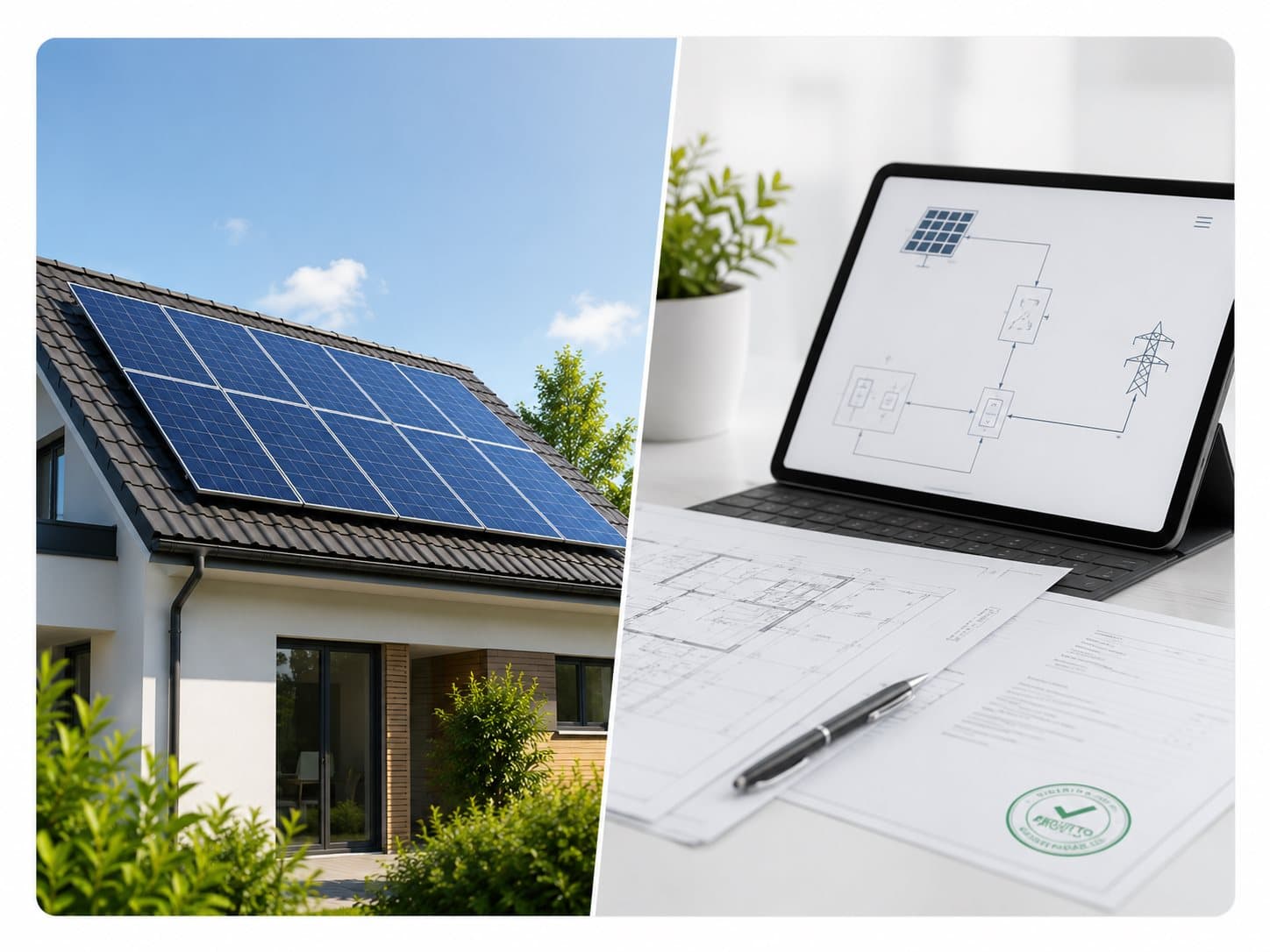 Sistema fotovoltaico instalado em telhado residencial ao lado do diagrama do projeto elétrico