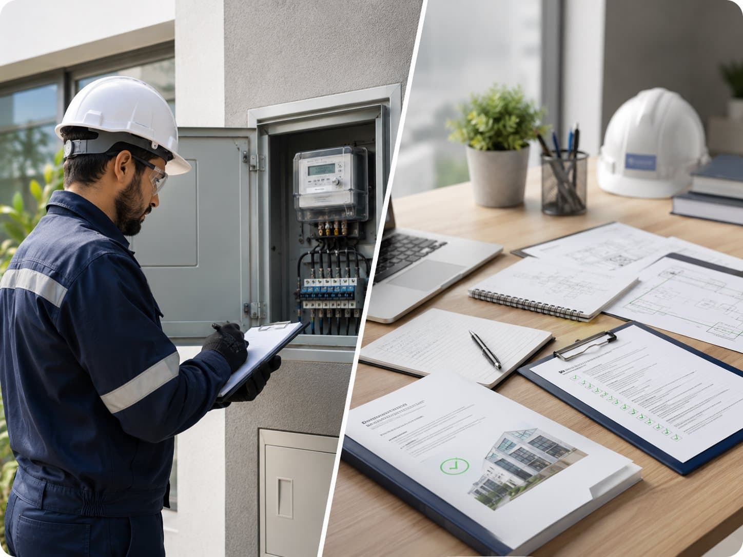 Técnico inspecionando instalação elétrica ao lado da documentação de regularização